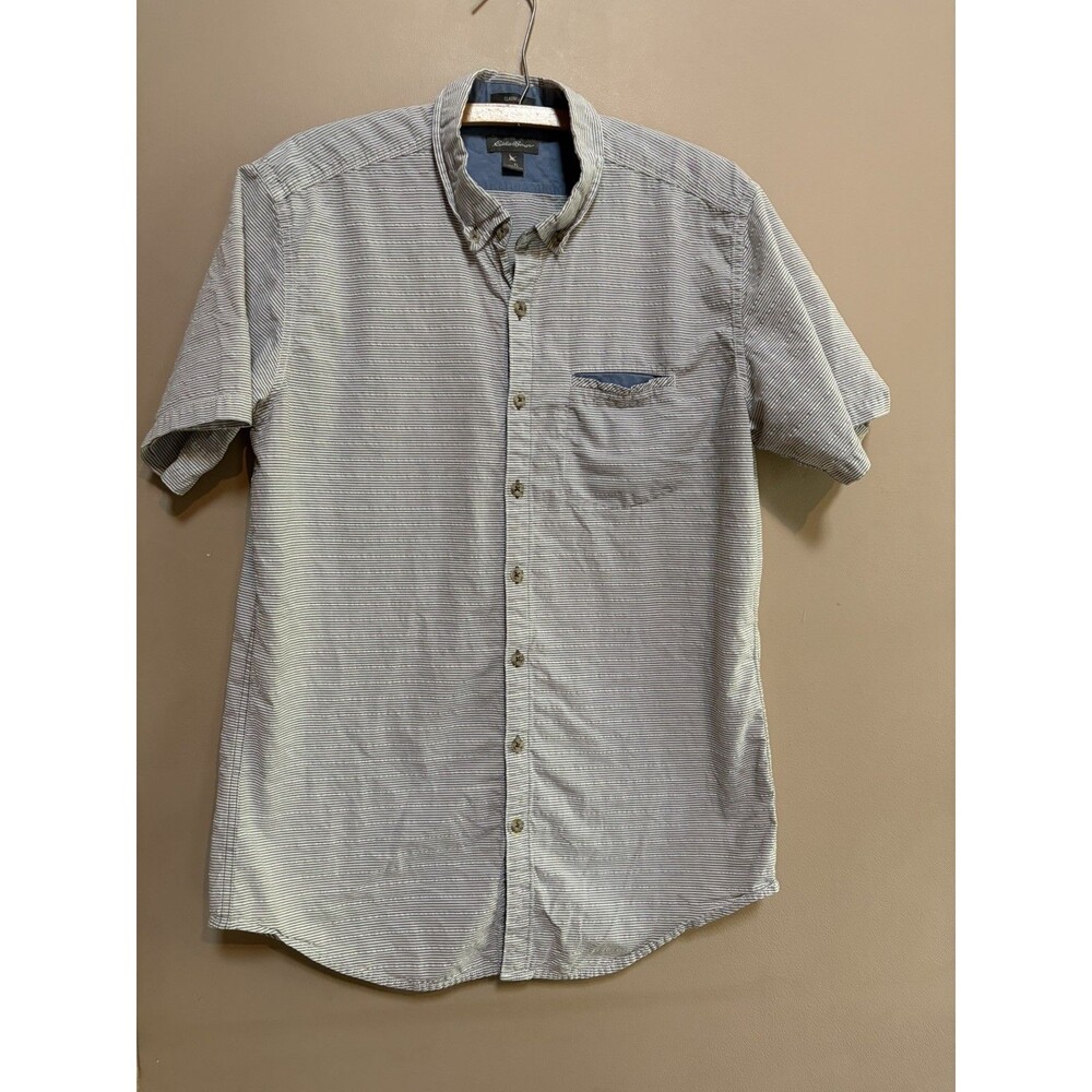 Eddie Bauer 100% Cotton Men Large Tall Gray White Striped Short Sleeve Button Up
